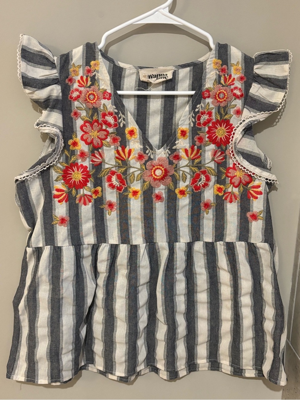 Savanna Jane Grey and White Striped Floral Embroidered Blouse